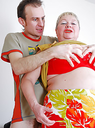 Fat mature gets her jugs and bottom groped and her muff drilled by a boy