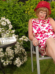 Naughty British mature lady playing in her garden