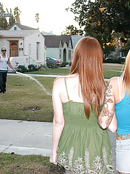 Two tattooed red headed sisters take a big cock and swap a load back and forth.